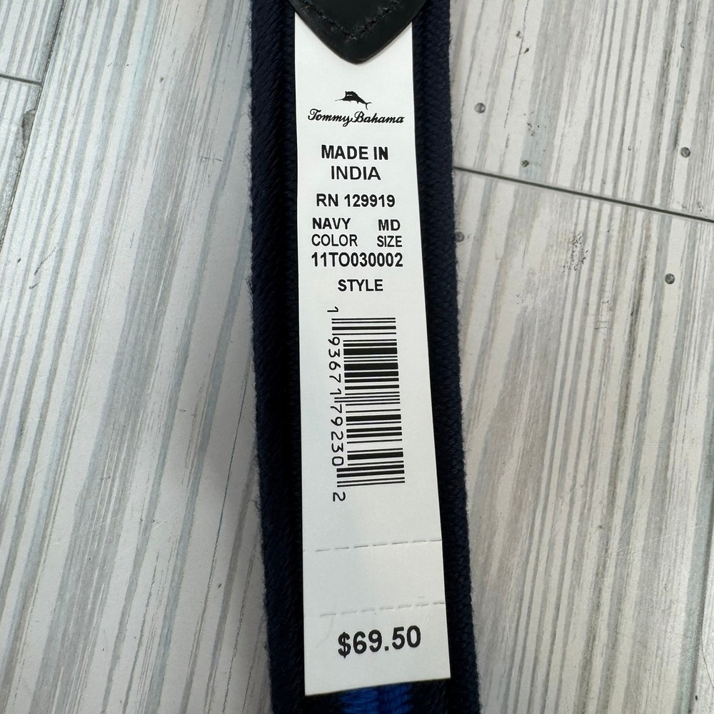 Tommy Bahama Men's‎ Med (34-36) Navy Blue Stretch Cord Belt Leather Trim Fishing - Picture 5 of 7